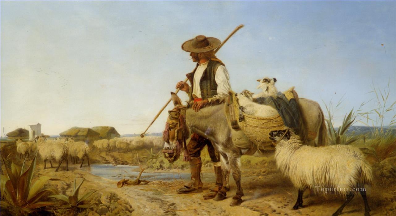 berger avec un âne sur le chemin de la maison Peintures à l'huile